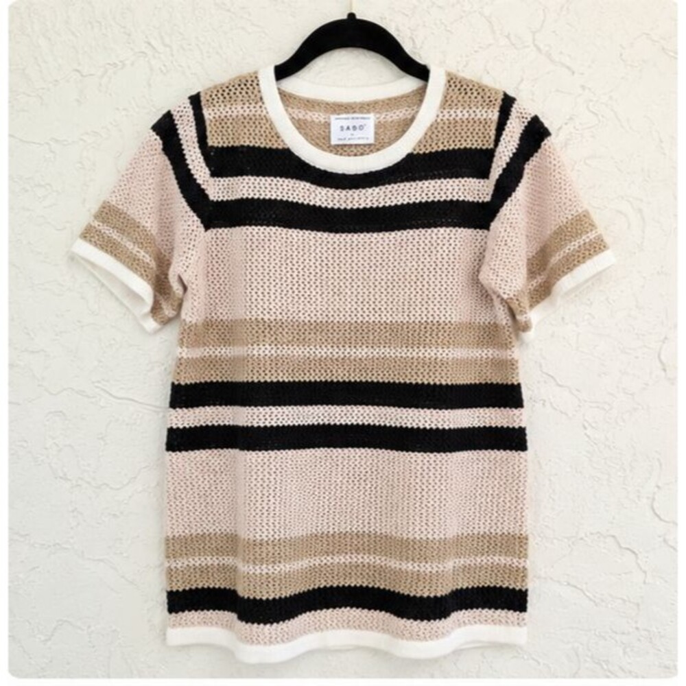 Oatmeal Minimalist SABO S Beige Black Stripe Open Knit Short Sleeve Sweater